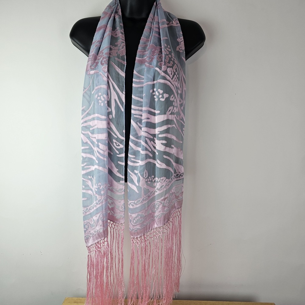 Womens One Size Scarf Gray Pink Animal Print Fringe Soft Wrap Lightweight
